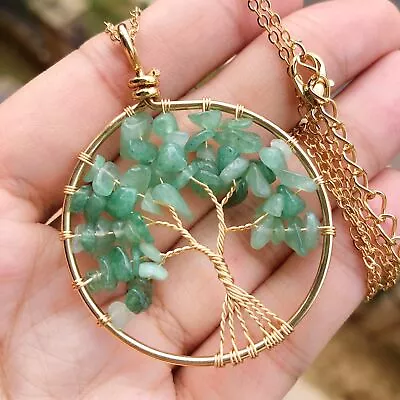 Aventurine Gem Tree Of Life Water-Drop Necklace Chakra Reiki Healing Amulet • $0.60