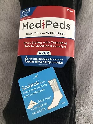 Medi Peds 4 Pair Black Diabetic Crew Socks Size L (man’s 7-12) Woman’s 10-13 • $12.25