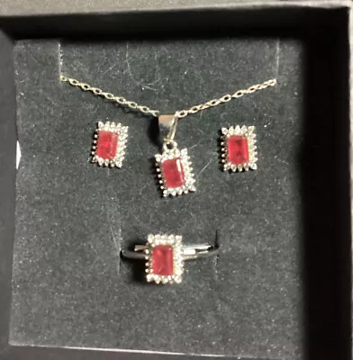 Natural Ruby & White Topaz Earrings Necklace & Ring (8) • $75