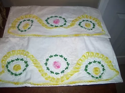 Vintage Pillowcase Hand Crochet Yellow And Pink Flowers & Trim • $29.99