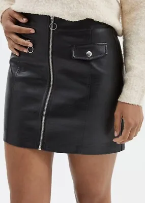 Black Zip Front Faux Leather Skirt Mock Pocket Detail Sizes UK 14 18 20 22 24 26 • £14.99