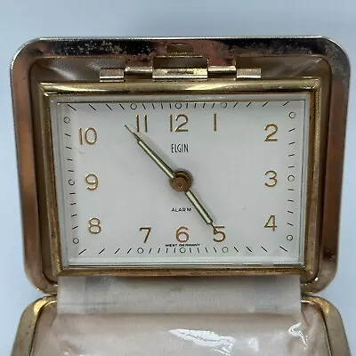 Vintage Elgin W. Germany Wind-Up Folding Travelers Alarm Clock Tan Leather • $29.99