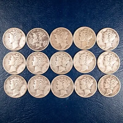 Lot Of (15) Mercury Dimes 1936-1945 P No Mintmark Average Circulated #197 • $35