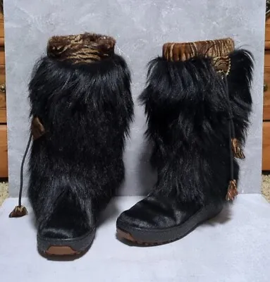 Vintage Oscar Sport Goat Fur Leopard Trim Wool Lined Boots Women's US 7.5 NICE • $95