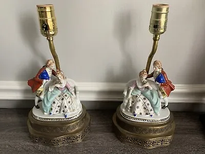 Pair Of Antique Porcelain Figural Decorative Lamp Brass Base.  Women In Chair • $89.99