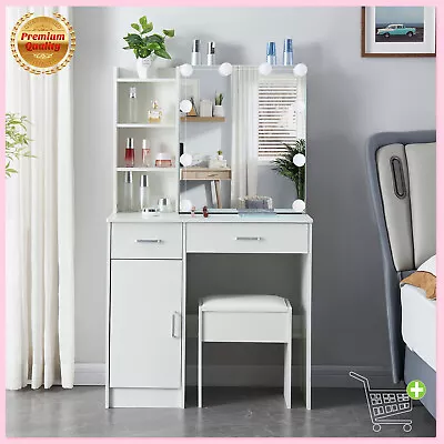 Dressing Table Stool Set Make-Up Desk W/ Mirror Drawer Bedroom Storage Cabinet • £141.78