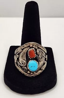 Vintage Sterling Silver Men's Turquoise Coral Feathers Ring 12.5 Native American • $90