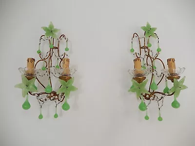 ~c 1920 French Giltwood Green OPALINE Crystal Murano Flowers Drops Sconces~ • $1799