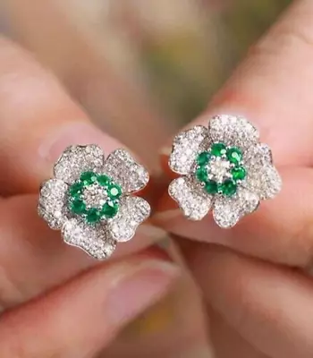 Exquisite Micro Pave 18K White Gold Plated Cubic Zirconia Green Stud Earrings • $14.95