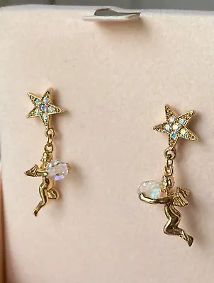 Vintage Kirks Folly Star Earrings Pierced Dangle Cherubs Fairies With Crystals • $32