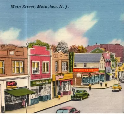 NJ Metuchen Main Street Advertising Old Cars C.1939 Vintage Linen Postcard-Z2364 • $5.39