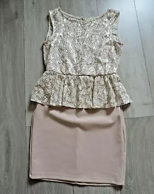 Miss Selfridge Nude Gold & Cream Peplum Dress Sequin Lace Top Wedding Party UK10 • £12.99