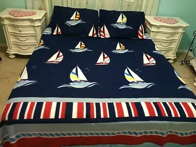 Nautical Boat Sailboat Lightweight Fleece Coverlet Bed Cover Blanket & Sham Set • £72.27