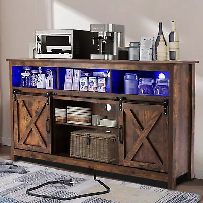 Farmhouse LED Coffee Bar Cabinet Barn Door Sideboard Buffet With Power Outlet • $199.99