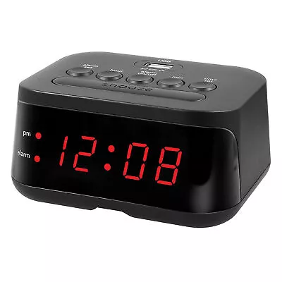 Digital Alarm Clock Midnight Black USB Charge Port Red LED Display • $10.44