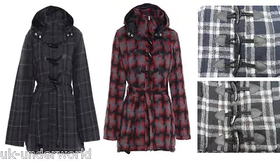 £10.99 • Buy Ladies Duffle Coat Hooded Toggle Button Womens Girls Checked Winter Warm Jacket