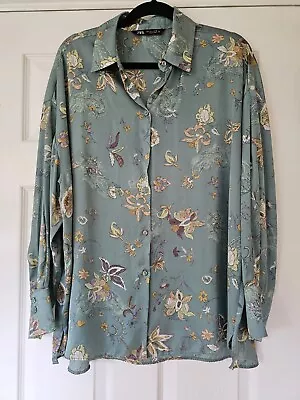 ZARA Green Floral SATIN SHIRT BLOUSE TOP SIZE L • £3.99