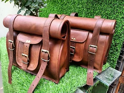 Goat Leather Motorcycle Saddle Bags Saddlebags Pouch Brown Side Panniers Bag • $64.60