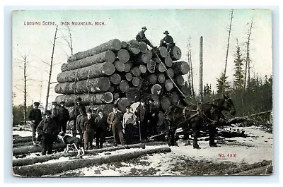 Logging Scene Iron Mountain Michigan MI 1908 Horses Logs Postcard F6 • $10.49