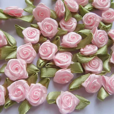 Mini Small Light Pink Satin Ribbon Rose Buds Flowers With Green Leaves • £3.49