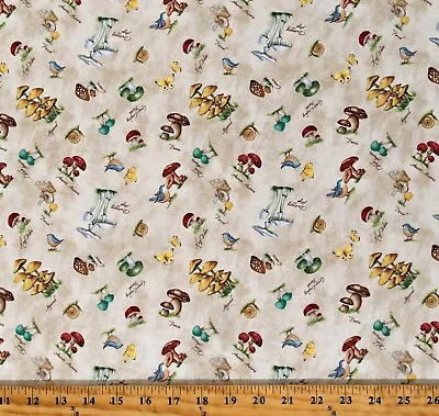 $13.95 • Buy Cotton Mushrooms Snails Birds Forest Woodland Tan Fabric Print By Yard D776.79