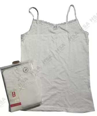 £5.99 • Buy 3 Pack Girls Cami Vests White Pointelle Cotton 5-14 Yr Strappy Underwear Lace