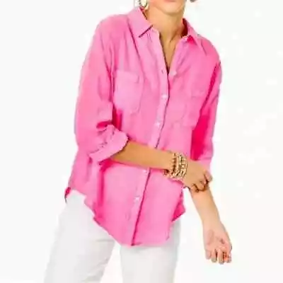 Lilly Pulitzer Size L Aura Pink Sea View 100% Linen Button Down Blouse • $50