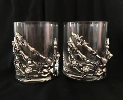 2 Jeweled Skeleton Hand Halloween Old Fashioned Glasses Gothic Rhinestones Bling • $44.95