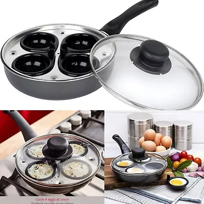 4 Cup Egg Poacher Pan Non Stick Egg Poaching Poached Cooking Cup Pan Glass Lid • £13.90