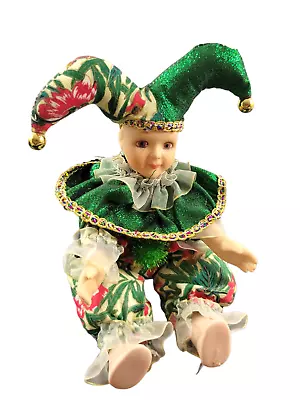 Vintage Small Porcelain Harlequin Jester Doll Green Red Fabric Outfit 8  • $24.98