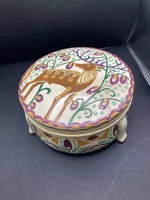 Art Deco Vintage Ceramic Trinket Box  Hand Painted Stag Deer. Signed Eiser • $24.95