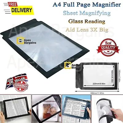 Large A4 Sheet Magnifying Glass Full Page 3X Magnifier Reading Aid Lens Big New • £4.15