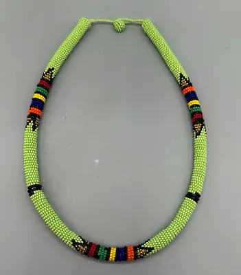 Beaded Necklace Green Seed Beads Colorful Rope Tube Ethnic Tribal Boho 16.5 Inch • $21.24