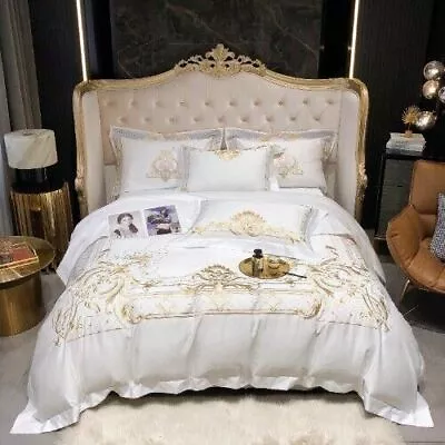 Super King Size Bedding Set White Egyptian Cotton Gold Embroidery Duvet Cover  • £235.29