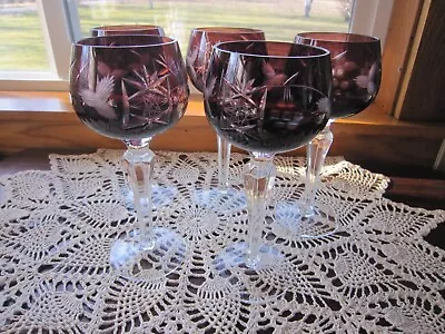 Vintage Amethyst Cut To Clear Bohemian Wine Crystal Glass 7 3/4 ~EUC Set 5 • $100