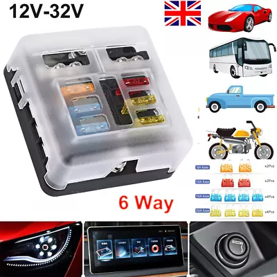 UK Blade Fuse Box 6 Way Distribution Bar Bus Boat Car Kit Marine Holder 12V/32V • £9.96