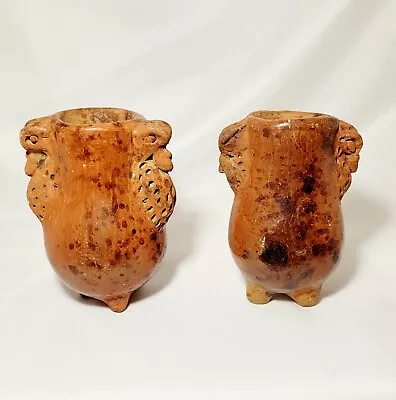 Set Of 2 Pre-columbian  Mayan/ Aztec Rare Turkey Handled Tripod Vessels • $270