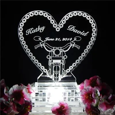 Motorcycle Chain LED Lighted Wedding Cake Topper Acrylic Heart Engraved • $55