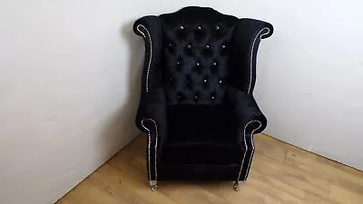 Black Crushed Velvet Queen Anne  Style Chair With Silver Legs • £410