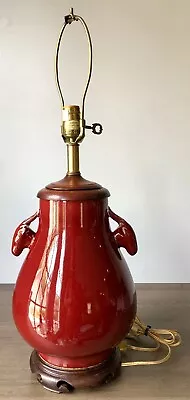 Vintage Asian Oxblood Sang De Boeuf Porcelain Vase Table Lamp W/Wood Base • $225