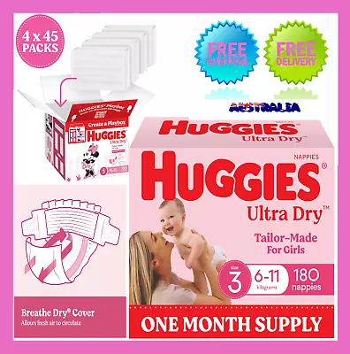 Huggies Ultra Dry Girls Size 3 (6-11kg) 180 Count - 1 Month Supply (Packaging Ma • $91.65