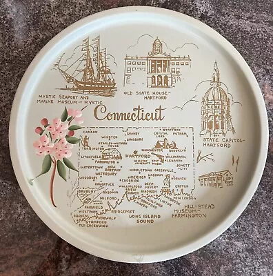 Vintage Connecticut CT State Metal Serving Tray Hand Painted Light Green MCM • $19.99