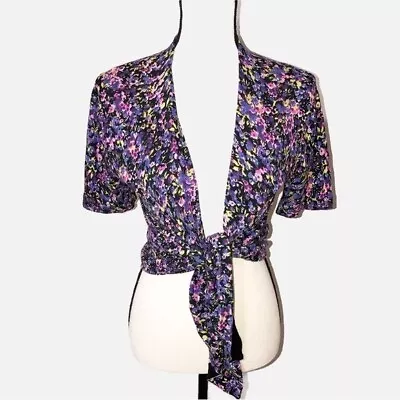 Moda International Size Medium Open Cardigan Shirt Sleeve Black Purple Floral • $19.95