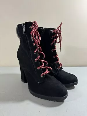 Bamboo Women's Black Side Zip & Lace Up Chunk Heel Ankle Boots Size 8 • $19.99
