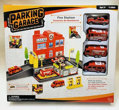 Vintage Parking Garage Fire Station Kid N Play Toy 4 Cars Shen Hua NEW • $18.99