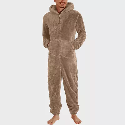 Mens Fleece Teddy Bear  Hooded Jumpsuit 1Onesie Dressing Gown Nightwear Bathrobe • £20.39