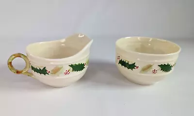 Belleek Christmas Holly Creamer And Sugar Bowl Ireland Vintage • $39.99