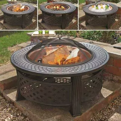 Heavy Duty Fire Pit Large Outdoor Firepit Garden Heater Round Table W/ BBQ Grill • £149.99