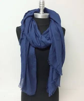 Men Women Large Long Scarf Solid With Frayed Edge Soft Silky Shawl Wrap Blue • $7.99