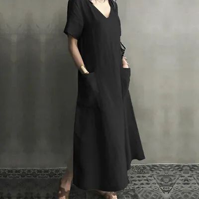 Women Cotton Sundress Short Sleeve V Neck Summer Party Long Maxi Dress Plus • $17.99